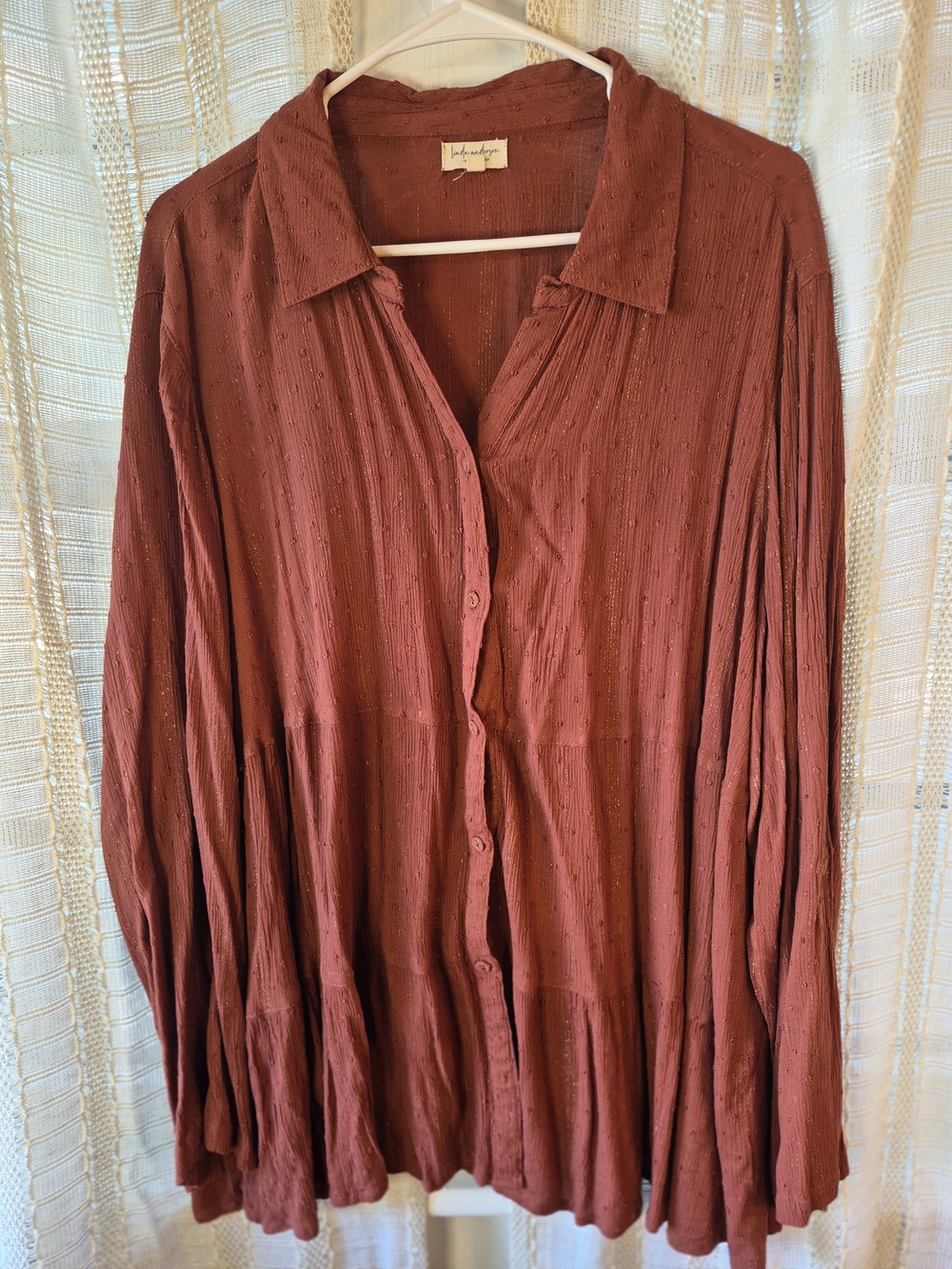Flowy Button-Front Blouse in Rust & Gold Bohemian Tiered Collard Size XXL